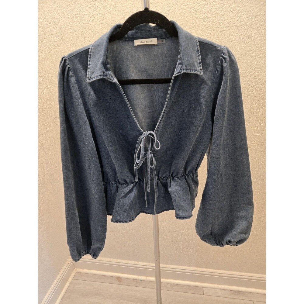 Idem Ditto S Tie Front Crop Denim Top Womens Long Puff Sleeve Peplum Blue